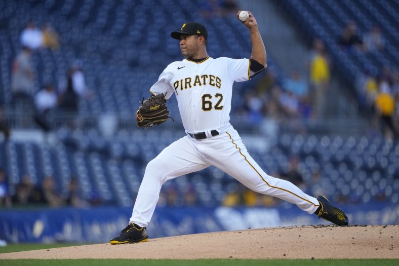 May 9, 2022; Pittsburgh, Pennsylvania, USA; Pittsburgh Pirates pitcher Jose Quintana (62) delivers a pitch against the Los Angeles Dodgers during the first inning at PNC Park. Mandatory Credit: Gregory Fisher-USA TODAY Sports