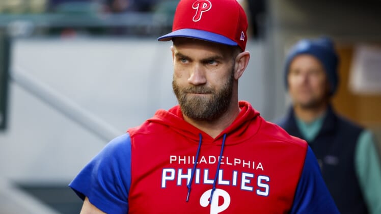 May 9, 2022; Seattle, Washington, USA; Philadelphia Phillies designated hitter Bryce Harper (3) walks in the dugout following batting practice against the Seattle Mariners at T-Mobile Park. Mandatory Credit: Joe Nicholson-USA TODAY Sports
