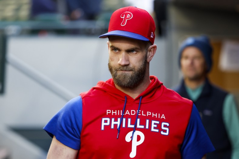 May 9, 2022; Seattle, Washington, USA; Philadelphia Phillies designated hitter Bryce Harper (3) walks in the dugout following batting practice against the Seattle Mariners at T-Mobile Park. Mandatory Credit: Joe Nicholson-USA TODAY Sports