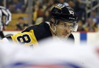 May 9, 2022; Pittsburgh, Pennsylvania, USA;   Pittsburgh Penguins center Sidney Crosby (87) prepares to take a face-off against the New York Rangers during the second period in game four of the first round of the 2022 Stanley Cup Playoffs at PPG Paints Arena. Mandatory Credit: Charles LeClaire-USA TODAY Sports