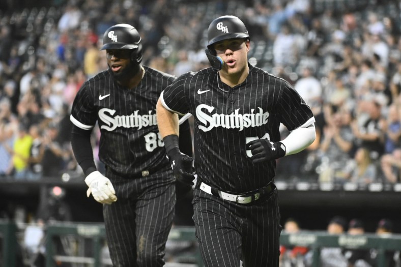 May 9, 2022; Chicago, Illinois, USA;  Chicago White Sox right fielder Gavin Sheets (32) with Chicago White Sox center fielder Luis Robert (88) after he hits a three run home run against the Cleveland Guardians at Guaranteed Rate Field. Mandatory Credit: Matt Marton-USA TODAY Sports