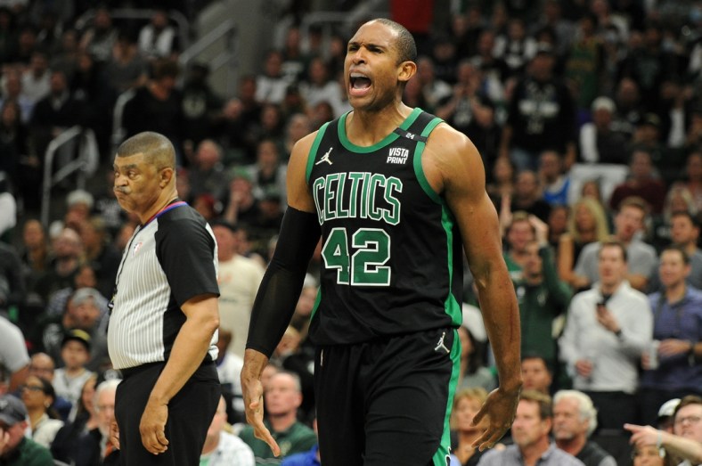 May 9, 2022; Milwaukee, Wisconsin, USA; jBoston Celtics center Al Horford (42) shouts out after being fouled in the second half during game four of the second round for the 2022 NBA playoffs at Fiserv Forum. Mandatory Credit: Michael McLoone-USA TODAY Sports
