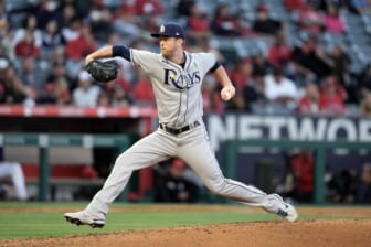 May 9, 2022; Anaheim, California, USA; Tampa Bay Rays relief pitcher Jeffrey Springs (59) delivers a pitch in the first inning against the Los Angeles Angels at Angel Stadium. Mandatory Credit: Kirby Lee-USA TODAY Sports
