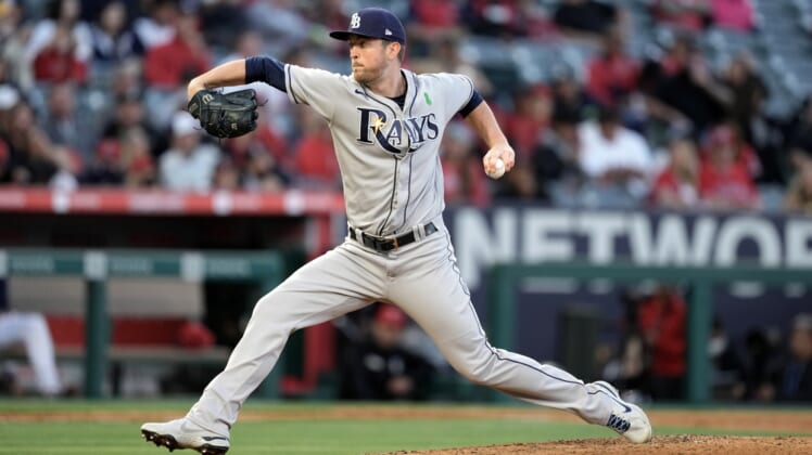 May 9, 2022; Anaheim, California, USA; Tampa Bay Rays relief pitcher Jeffrey Springs (59) delivers a pitch in the first inning against the Los Angeles Angels at Angel Stadium. Mandatory Credit: Kirby Lee-USA TODAY Sports