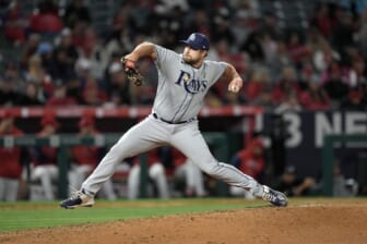 May 9, 2022; Anaheim, California, USA; Tampa Bay Rays relief pitcher Jalen Beeks (68) delivers a pitch in the fifth inning against the Los Angeles Angels at Angel Stadium. Mandatory Credit: Kirby Lee-USA TODAY Sports