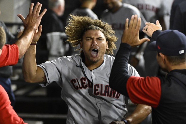 May 9, 2022; Chicago, Illinois, USA;  Cleveland Guardians right fielder Josh Naylor (22) celebrates in the dugout after hitting a three run home run against the Chicago White Sox during the eleventh inning at Guaranteed Rate Field. Mandatory Credit: Matt Marton-USA TODAY Sports