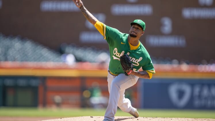 May 10, 2022; Detroit, Michigan, USA; Oakland Athletics starting pitcher Frankie Montas (47) pitches during the first inning against the Detroit Tigers at Comerica Park. Mandatory Credit: Raj Mehta-USA TODAY Sports