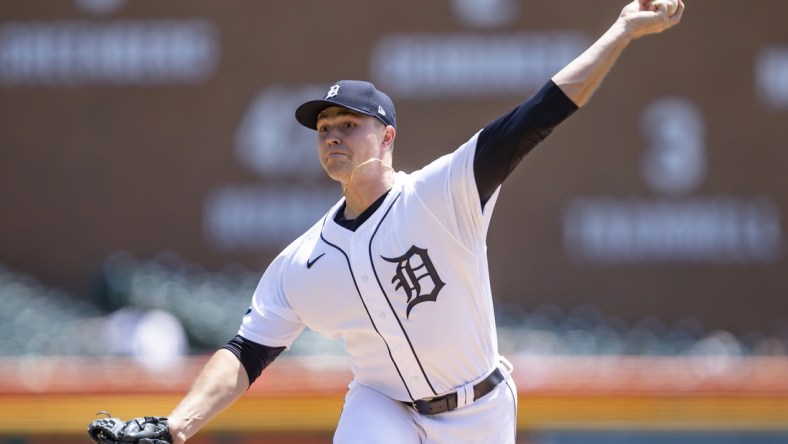 May 10, 2022; Detroit, Michigan, USA; Detroit Tigers starting pitcher Tarik Skubal (29) pitches during the first inning against the Oakland Athletics at Comerica Park. Mandatory Credit: Raj Mehta-USA TODAY Sports