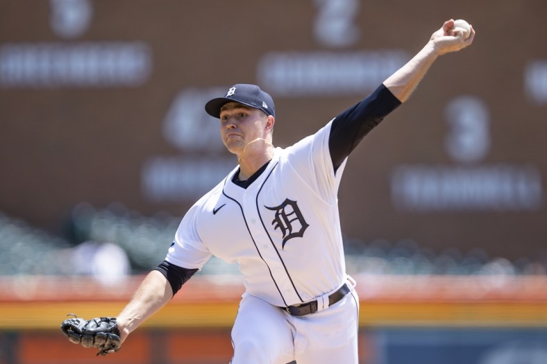 May 10, 2022; Detroit, Michigan, USA; Detroit Tigers starting pitcher Tarik Skubal (29) pitches during the first inning against the Oakland Athletics at Comerica Park. Mandatory Credit: Raj Mehta-USA TODAY Sports