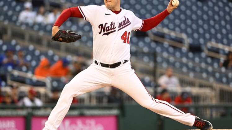 May 10, 2022; Washington, District of Columbia, USA; Washington Nationals starting pitcher Patrick Corbin (46) throws to the New York Mets during the second inning at Nationals Park. Mandatory Credit: Brad Mills-USA TODAY Sports