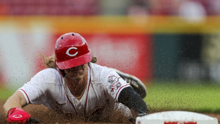 May 10, 2022; Cincinnati, Ohio, USA; Cincinnati Reds center fielder TJ Friedl (29) reaches third against the Milwaukee Brewers in the third inning at Great American Ball Park. Mandatory Credit: Katie Stratman-USA TODAY Sports