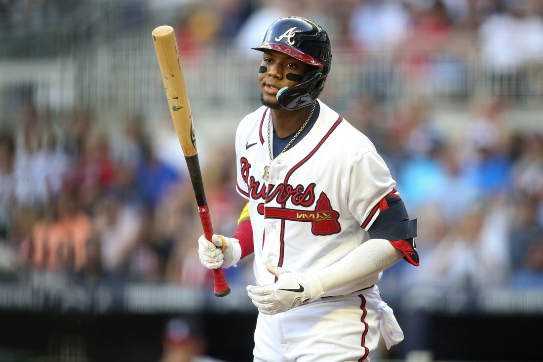 ATLANTA, GA - JULY 13: Atlanta Braves right fielder Ronald Acuna Jr. (13)  looks on during an MLB game against the New York Mets on July 13, 2022 at  Truist Park in