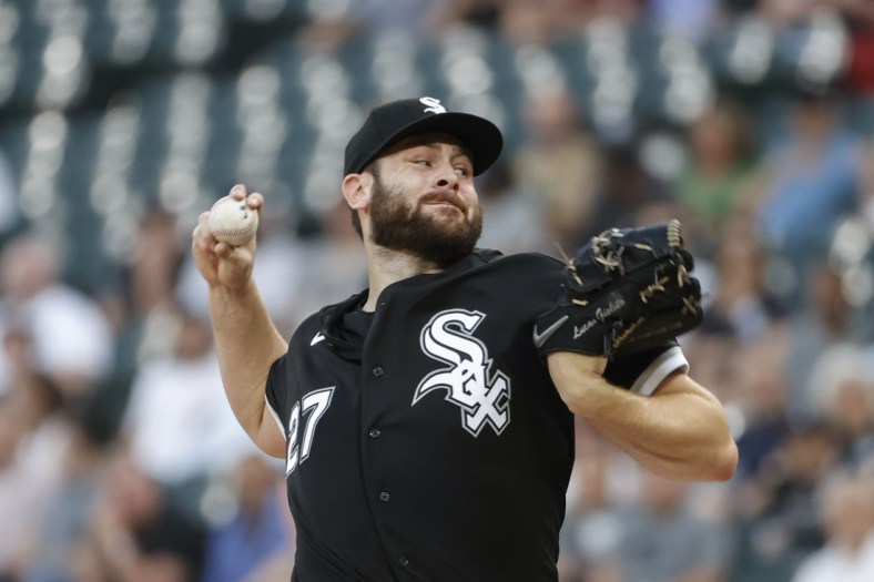 May 10, 2022; Chicago, Illinois, USA; Chicago White Sox starting pitcher Lucas Giolito (27) delivers against the Cleveland Guardians during the first inning at Guaranteed Rate Field. Mandatory Credit: Kamil Krzaczynski-USA TODAY Sports