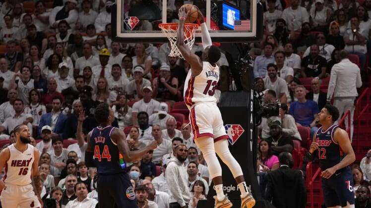 May 10, 2022; Miami, Florida, USA; Miami Heat center Bam Adebayo (13) dunks the ball against the Philadelphia 76ers during the first half in game five of the second round for the 2022 NBA playoffs at FTX Arena. Mandatory Credit: Jasen Vinlove-USA TODAY Sports