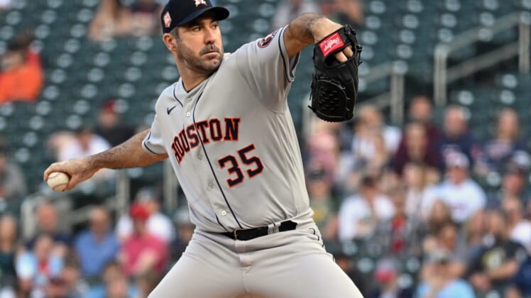 May 10, 2022; Minneapolis, Minnesota, USA;  Houston Astros starting pitcher Justin Verlander (35) delivers a pitch against the Minnesota Twins during the first inning at Target Field. Mandatory Credit: Nick Wosika-USA TODAY Sports