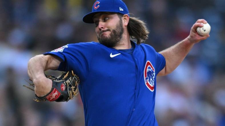 May 10, 2022; San Diego, California, USA; Chicago Cubs starting pitcher Wade Miley (20) throws a pitch against the San Diego Padres during the first inning at Petco Park. Mandatory Credit: Orlando Ramirez-USA TODAY Sports