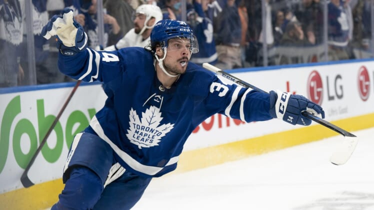 May 10, 2022; Toronto, Ontario, CAN; Toronto Maple Leafs center Auston Matthews (34) celebrates scoring the winning goal during the third period of game five of the first round of the 2022 Stanley Cup Playoffs against the Tampa Bay Lightning at Scotiabank Arena. Mandatory Credit: Nick Turchiaro-USA TODAY Sports