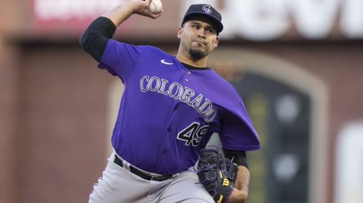 May 10, 2022; San Francisco, California, USA; Colorado Rockies starting pitcher Antonio Senzatela (49) delivers a pitch against the San Francisco Giants during the second inning at Oracle Park. Mandatory Credit: Kyle Terada-USA TODAY Sports