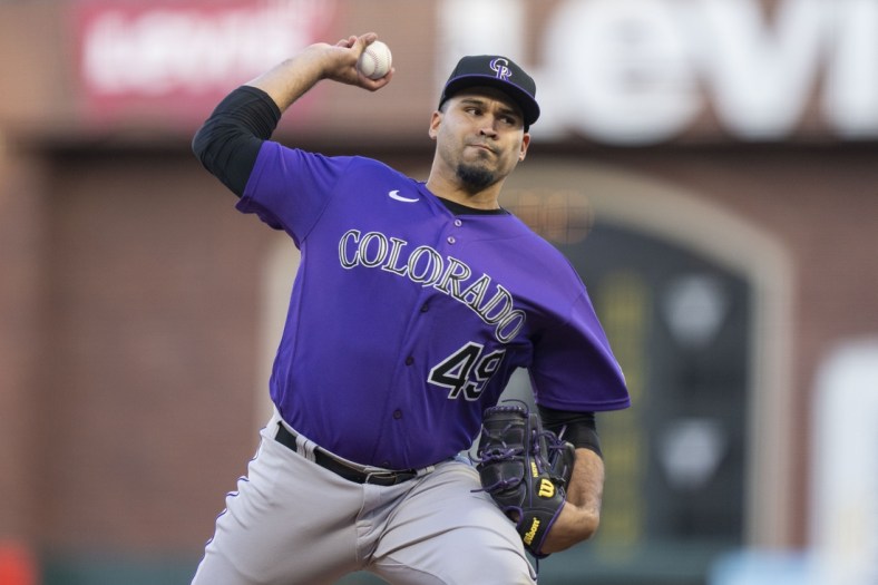May 10, 2022; San Francisco, California, USA; Colorado Rockies starting pitcher Antonio Senzatela (49) delivers a pitch against the San Francisco Giants during the second inning at Oracle Park. Mandatory Credit: Kyle Terada-USA TODAY Sports