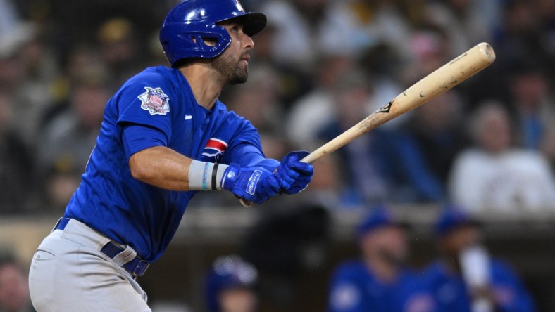 May 10, 2022; San Diego, California, USA; Chicago Cubs first baseman Alfonso Rivas (36) hits a two-run home run during the third inning against the San Diego Padres at Petco Park. Mandatory Credit: Orlando Ramirez-USA TODAY Sports