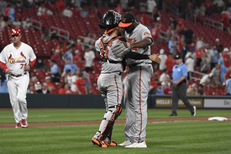 May 10, 2022; St. Louis, Missouri, USA; Baltimore Orioles catcher Robinson Chirinos (23) celebrates with relief pitcher Felix Bautista (74) after defeating the St. Louis Cardinals at Busch Stadium. Mandatory Credit: Jeff Le-USA TODAY Sports