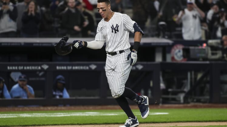May 10, 2022; Bronx, New York, USA;  New York Yankees center fielder Aaron Judge (99) rounds the bases after hitting a walk-off three-run home run to defeat the Toronto Blue Jays 6-5 at Yankee Stadium. Mandatory Credit: Wendell Cruz-USA TODAY Sports