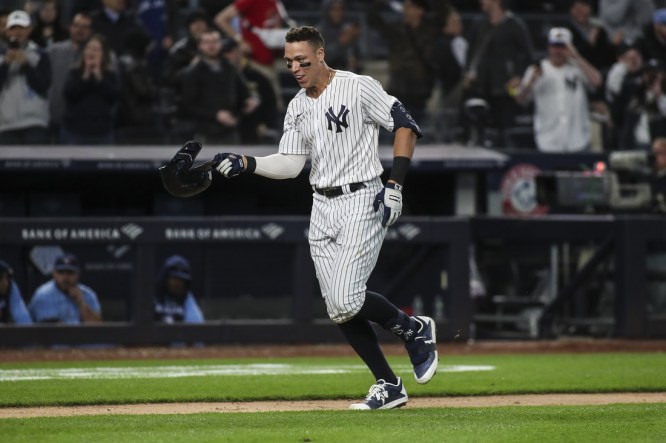 May 10, 2022; Bronx, New York, USA;  New York Yankees center fielder Aaron Judge (99) rounds the bases after hitting a walk-off three-run home run to defeat the Toronto Blue Jays 6-5 at Yankee Stadium. Mandatory Credit: Wendell Cruz-USA TODAY Sports