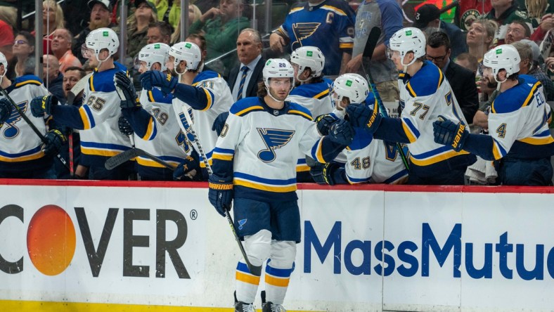 May 10, 2022; Saint Paul, Minnesota, USA; St. Louis Blues left wing Brandon Saad (20) celebrates a second period goal against the Minnesota Wild in game five of the first round of the 2022 Stanley Cup Playoffs at Xcel Energy Center. Mandatory Credit: Matt Blewett-USA TODAY Sports