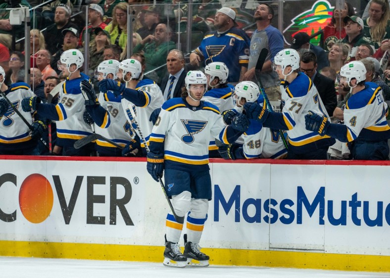 May 10, 2022; Saint Paul, Minnesota, USA; St. Louis Blues left wing Brandon Saad (20) celebrates a second period goal against the Minnesota Wild in game five of the first round of the 2022 Stanley Cup Playoffs at Xcel Energy Center. Mandatory Credit: Matt Blewett-USA TODAY Sports