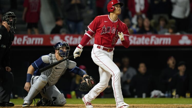 May 10, 2022; Anaheim, California, USA; Los Angeles Angels designated hitter Shohei Ohtani (17) hits a double in the eighth inning against the Tampa Bay Rays at Angel Stadium. Mandatory Credit: Kirby Lee-USA TODAY Sports