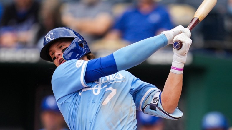 Apr 21, 2022; Kansas City, Missouri, USA; Kansas City Royals third baseman Bobby Witt Jr. (7) bats during the eighth inning against the Minnesota Twins at Kauffman Stadium. Mandatory Credit: Jay Biggerstaff-USA TODAY Sports