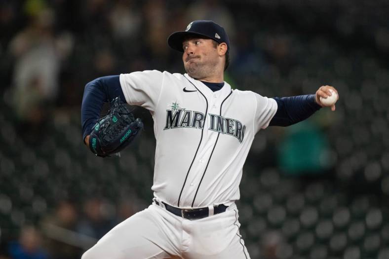 May 5, 2022; Seattle, Washington, USA; Seattle Mariners starter Robbie Ray (38) delivers a pitch against the Tampa Bay Rays at T-Mobile Park. Mandatory Credit: Stephen Brashear-USA TODAY Sports