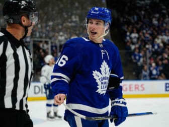 May 4, 2022; Toronto, Ontario, CAN; Toronto Maple Leafs forward Mitchell Marner (16) talks to referee Gord Dwyer(19) in game two of the first round of the 2022 Stanley Cup Playoffs against the Tampa Bay Lightning at Scotiabank Arena. Mandatory Credit: John E. Sokolowski-USA TODAY Sports