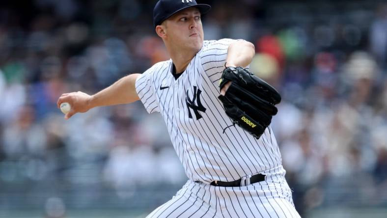 May 11, 2022; Bronx, New York, USA; New York Yankees starting pitcher Jameson Taillon (50) pitches against the Toronto Blue Jays during the first inning at Yankee Stadium. Mandatory Credit: Brad Penner-USA TODAY Sports