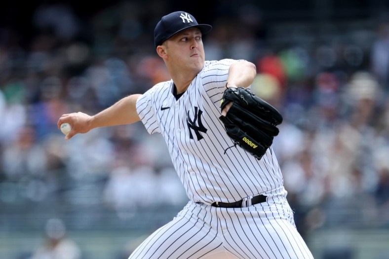 May 11, 2022; Bronx, New York, USA; New York Yankees starting pitcher Jameson Taillon (50) pitches against the Toronto Blue Jays during the first inning at Yankee Stadium. Mandatory Credit: Brad Penner-USA TODAY Sports