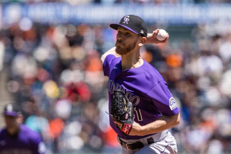 May 11, 2022; San Francisco, California, USA; Colorado Rockies starting pitcher Chad Kuhl (41) throws against the San Francisco Giants during the first inning at Oracle Park. Mandatory Credit: John Hefti-USA TODAY Sports
