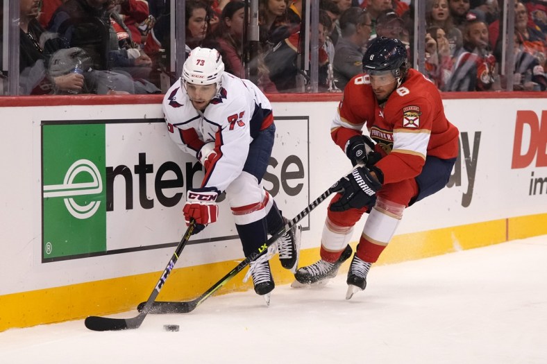 May 11, 2022; Sunrise, Florida, USA; Florida Panthers defenseman Ben Chiarot (8) battles Washington Capitals left wing Conor Sheary (73) for the puck during the first period of game five of the first round of the 2022 Stanley Cup Playoffs at FLA Live Arena. Mandatory Credit: Jasen Vinlove-USA TODAY Sports