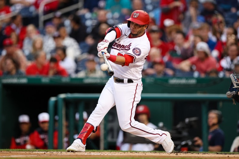 May 11, 2022; Washington, District of Columbia, USA; Washington Nationals left fielder Yadiel Hernandez (29) doubles against the New York Mets during the first inning at Nationals Park. Mandatory Credit: Scott Taetsch-USA TODAY Sports