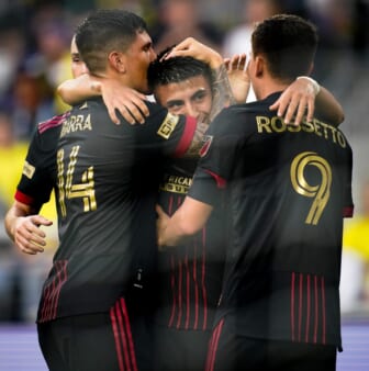 Atlanta United midfielder Thiago Almada, center, celebrates his goal against Nashville SC during the first half of a U.S. Open Cup Match at Geodis Park in Nashville, Tenn., Wednesday, May 11, 2022.Nsc Au Soc 051122 An 004