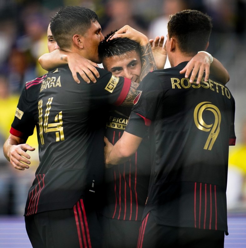 Atlanta United midfielder Thiago Almada, center, celebrates his goal against Nashville SC during the first half of a U.S. Open Cup Match at Geodis Park in Nashville, Tenn., Wednesday, May 11, 2022.

Nsc Au Soc 051122 An 004