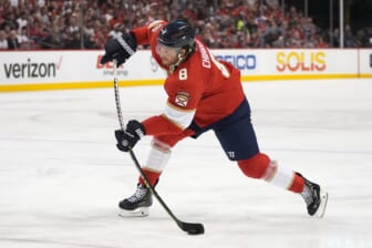 May 11, 2022; Sunrise, Florida, USA; Florida Panthers defenseman Ben Chiarot (8) shoots the puck during the second period of game five of the first round of the 2022 Stanley Cup Playoffs against the Washington Capitals at FLA Live Arena. Mandatory Credit: Jasen Vinlove-USA TODAY Sports