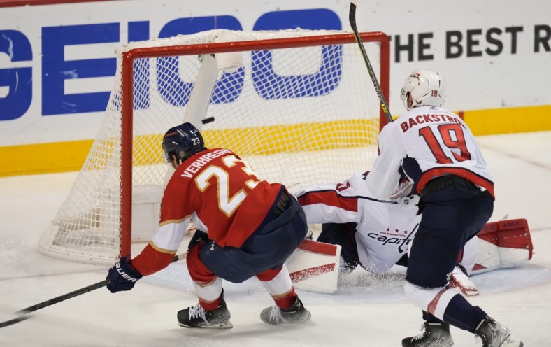 May 11, 2022; Sunrise, Florida, USA; Florida Panthers center Carter Verhaeghe (23) scores a goal against the Washington Capitals during the third period of game five of the first round of the 2022 Stanley Cup Playoffs at FLA Live Arena. Mandatory Credit: Jasen Vinlove-USA TODAY Sports