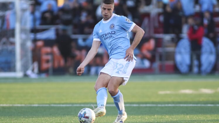 May 11, 2022; Jamaica, New York, USA;  New York City FC defender Vuk Latinovich (32) controls the ball in the first half against Rochester New York FC at Belson Stadium. Mandatory Credit: Wendell Cruz-USA TODAY Sports