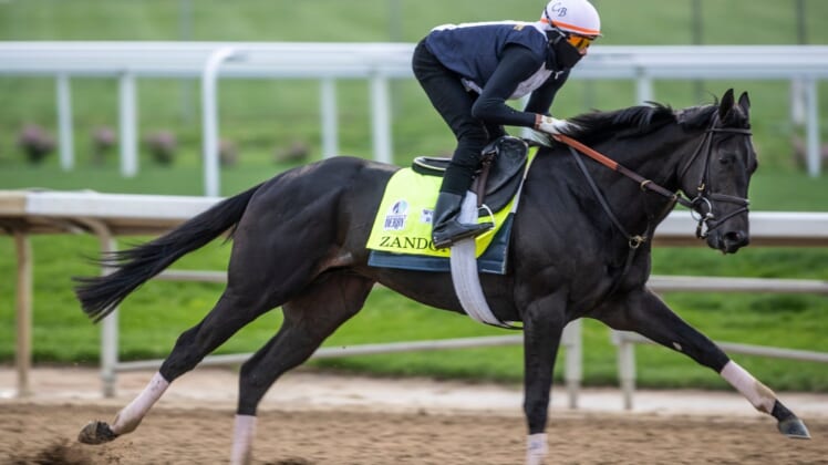 Kentucky Derby hopeful Epicenter is bathed on the backside at Churchill Downs. May 4, 2022Af5i3173