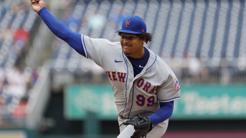 May 12, 2022; Washington, District of Columbia, USA; New York Mets starting pitcher Taijuan Walker (99) pitches against the Washington Nationals during the fifth inning at Nationals Park. Mandatory Credit: Geoff Burke-USA TODAY Sports