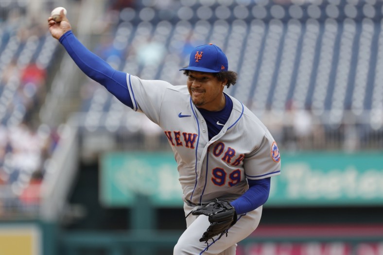 May 12, 2022; Washington, District of Columbia, USA; New York Mets starting pitcher Taijuan Walker (99) pitches against the Washington Nationals during the fifth inning at Nationals Park. Mandatory Credit: Geoff Burke-USA TODAY Sports
