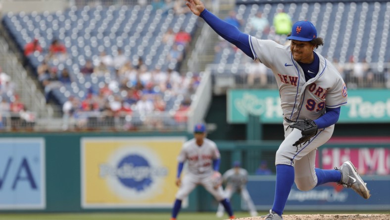 May 12, 2022; Washington, District of Columbia, USA; New York Mets starting pitcher Taijuan Walker (99) pitches against the Washington Nationals during the fifth inning at Nationals Park. Mandatory Credit: Geoff Burke-USA TODAY Sports