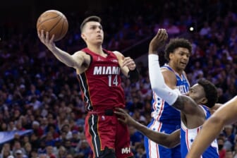 May 12, 2022; Philadelphia, Pennsylvania, USA; Miami Heat guard Tyler Herro (14) drives for a shot against the Philadelphia 76ers during the first quarter in game six of the second round of the 2022 NBA playoffs at Wells Fargo Center. Mandatory Credit: Bill Streicher-USA TODAY Sports