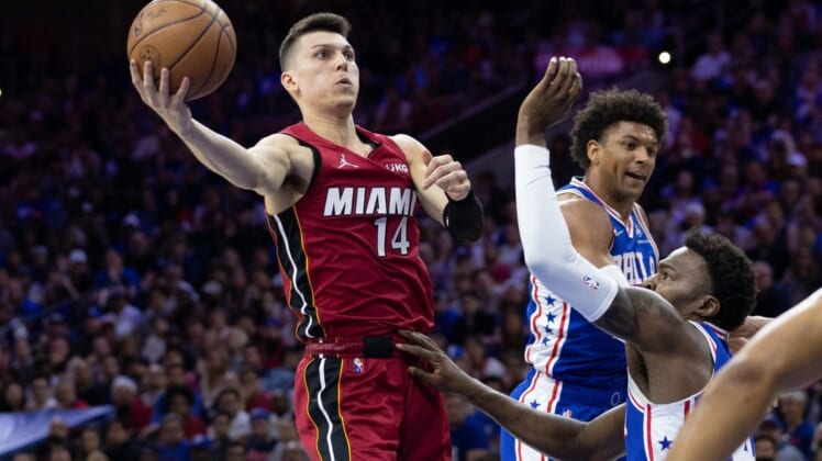 May 12, 2022; Philadelphia, Pennsylvania, USA; Miami Heat guard Tyler Herro (14) drives for a shot against the Philadelphia 76ers during the first quarter in game six of the second round of the 2022 NBA playoffs at Wells Fargo Center. Mandatory Credit: Bill Streicher-USA TODAY Sports