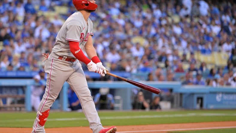 May 12, 2022; Los Angeles, California, USA; Philadelphia Phillies right fielder Bryce Harper (3) watches the flight of the ball on a solo home run in the first inning against the Los Angeles Dodgers at Dodger Stadium. Mandatory Credit: Jayne Kamin-Oncea-USA TODAY Sports